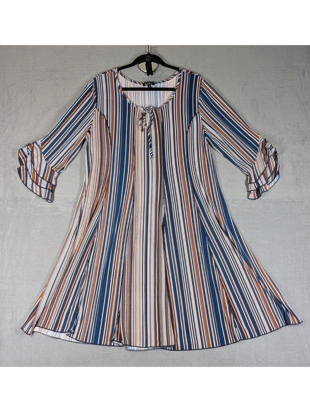 Sami Jo Womens XL Blue Brown Stripe Swing Dress Boho Stretch Ruffle Sleeve Midi